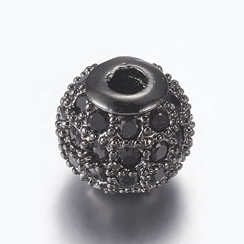 Brass Micro Pave Cubic Zirconia Beads, Round, Gunmetal, Black, 6mm, Hole: 1.5mm