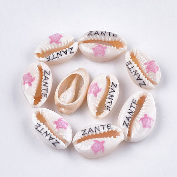 Printed Cowrie Shell Beads, No Hole/Undrilled, Sea Turtle & ZANTE Pattern, Flamingo, 18~21x11~14x6~8mm