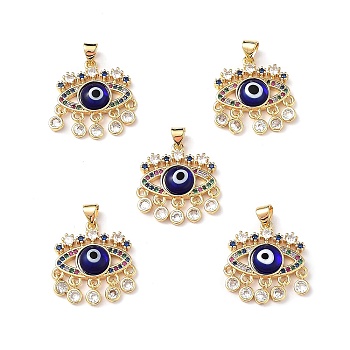 Lampwork Evil Eye Pendants with Colorful Cubic Zirconia, Real 18K Gold Plated Brass Findings, Lead Free & Cadmium free, Blue, 27x22.5x4.5mm, Hole: 4x3.5mm