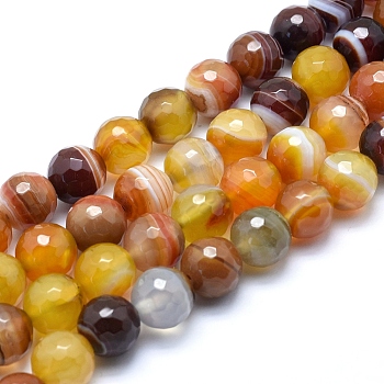 Natural Striped Agate/Banded Agate Beads, Dyed, Faceted Round, Goldenrod, 12mm, Hole: 1.3mm, about 32pcs/strand, 15.1 inch(38.5cm)