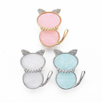 Crystal Rhinestone Cat Brooch, Animal Cellulose Acetate(Resin) Lapel Pin for Backpack Clothes, Golden, Nickel Free & Lead Free, Mixed Color, 36x30x12mm, Pin: 0.8mm