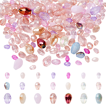 178Pcs Glass Beads, Teardrop, Faceted, Transparent/Opaque, Mixed Style, Pink, 6~12x4~8mm, Hole: 0.9~1.4mm