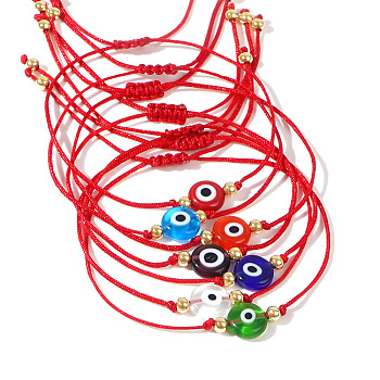 Adjustable Ethnic Red Woven Cord Glass Evil Eye Link Braided Bracelet Sets, Stackable Bracelets for Women, 11 inch(28cm)