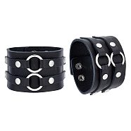 PU Wrap Cord Bracelet, Alloy Double Ring Link Wide Wristband with Iron Clasp for Men Women, Black, 9-1/4 inch(23.6cm)(BJEW-WH0020-21P-02)