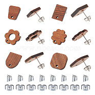 24Pcs 6 Style Wood Stud Earring Findings, with Alloy Pin and 30Pcs 201 Stainless Steel Ear Nuts, Square & Flower & Rectangle & Arch, Mixed Shapes, 14~17.5x11~17.5mm, Hole: 1.6~1.8mm, Pin: 0.7mm, 4Pcs/style(WOOD-AR0001-32)