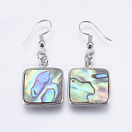 Abalone Shell/Paua Shell Dangle Earrings, with Brass Findings, Square, Platinum, 45mm, Pin: 0.7mm(EJEW-F147-A11)