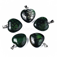 Natural Dragon Veins Agate Pendants, with Stainless Steel Snap On Bails, Heart, Stainless Steel Color, Green, 22~23x19~20x5~6mm, Hole: 3x5mm(G-N0325-14C)