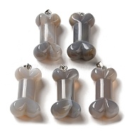Natural Grey Agate Pendants, Dog Bone Charms with Platinum Iron Snap on Bails, 36~37x19.5~21x11~12.5mm, Hole: 7x4mm(G-K353-02P-05)
