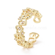Clear Cubic Zirconia Hollow Out Heart Open Cuff Ring, Brass Jewelry for Women, Golden, Inner Diameter: 16mm(RJEW-E072-11G)