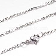 304 Stainless Steel Rolo Chain Necklaces, with Lobster Claw Clasps, Stainless Steel Color, 19.6 inch(50cm), 2mm(STAS-G083-55P)