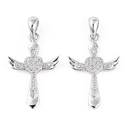 Rhodium Plated 925 Sterling Silver Micro Pave Clear Cubic Zirconia Pendants, Heart Wings Magic Wand Charms wit 925 Stamp, Real Platinum Plated, 24.5x15.5x2.5mm, Hole: 3.5x4mm(STER-T007-36P)