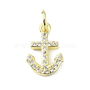 Brass Micro Pave Cubic Zirconia Pendants, with Jump Ring, Real 18K Gold Plated, Anchor Charm, Clear, 14x9x1.5mm, Hole: 3mm(KK-H475-30G-02)