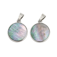 Natural Paua Shell Pendants, Brass Charms, Platinum, Flat Round, 20.5x17.5x2.2mm, Hole: 4x6mm(SSHEL-M024-02A)