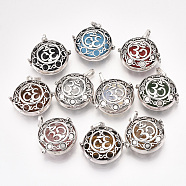 Alloy Cage Big Pendants, Hollow, with Natural/Synthetic Gemstone Beads, Flat Round with Om Symbol, Antique Silver, 34.5x35x14mm, Hole: 8.5x3.5mm, Inner Diameter: 27.5mm, Bead: 24.5~25x5.5mm(G-S246-24)