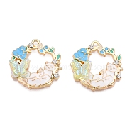 Rack Plating Alloy Enamel Pendants, Rhinestone & Resin Pave, Cadmium Free & Nickel Free & Lead Free, Light Gold, Flower with Cat & Butterfly Charm, Deep Sky Blue, 26x26x6mm, Hole: 1.8mm(ENAM-N056-372KCG-02)