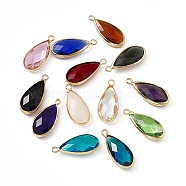 K9 Glass Pendants, Teardrop Charms, Faceted, with Light Gold Tone Brass Edge, Mixed Color, 24.5x10.5x5.5mm, Hole: 2.3mm(GLAA-A005-35LG)