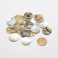 Flat Round Natural Akoya Shell Pendants, Mother of Pearl Shell Pendants, Tan, 18x1~2mm, Hole: 1.5mm; about 1440pcs/bag(SHEL-N031-10)