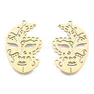 201 Stainless Steel Pendants, Face Charm, Real 18K Gold Plated, 33x21x1mm, Hole: 1.5mm(STAS-N090-LA947-2)