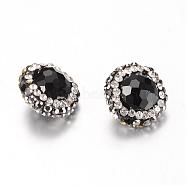Glass Beads, with Rhinestone, Faceted, Flat Round, Black, 13~15x9~10mm, Hole: 1~1.5mm(GLAA-Q059-03)
