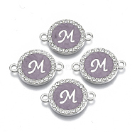 Alloy Enamel Links Connectors, with Crystal Rhinestones, Flat Round with Letter, Silver Color Plated, Letter.M, 22x16x2mm, Hole: 1.8mm(ENAM-TAC0003-01S-01M)