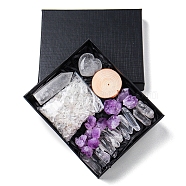 Natural Quartz Crystal & Amethyst Bullet & Heart & Nugget & Chips Gift Box, Display Decorations, Pocket Worry Stone, Reiki Energy Stone Ornament, with Wood Slice, Package Size: 135x110x30mm(WG94197-01)