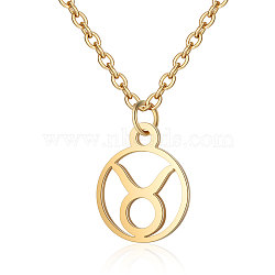 201 Stainless Steel Pendants Necklaces, Flat Round with Constellations, Taurus, 16.3 inch(40cm)x1mm(NJEW-S063-TN506-2)