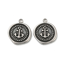 304 Stainless Steel Pendants, Flat Round with Anchor Charms, Antique Silver, 17x15x2mm, Hole: 1.8mm(STAS-L022-029AS)