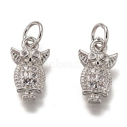 Brass Micro Pave Clear Cubic Zirconia Charms, Cadmium Free & Lead Free, Long-Lasting Plated, Owl Shape, Platinum, 13x7x2.5mm, Hole: 3mm(ZIRC-B002-54P)