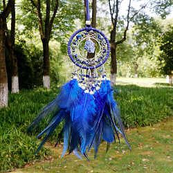 Natural Lapis Lazuli Woven Web/Net with Feather Pendant Decorations, with Wood Beads, Covered with Cotton Lace and Villus Cord, 400x70mm(PW-WG69741-04)