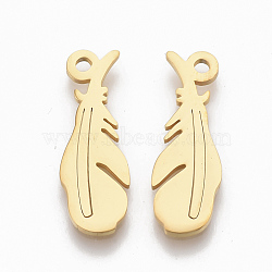 201 Stainless Steel Pendants, Feather, Golden, 20x7x1mm, Hole: 1.5mm(STAS-S079-114G)