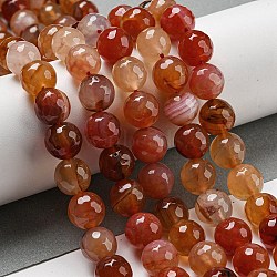 Faceted Natural Banded Agate Beads Strands, Round, Dyed & Heated, Tomato, 12mm, Hole: 1.6mm, about 31pcs/strand, 14.76''(37.5cm)(G-F447-12mm-O04)