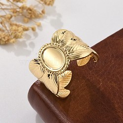 Brass Cuff Rings for Women, Leaf & Oval, Real 18K Gold Plated, 13.5mm, Inner Diameter: 17mm(RJEW-B119-10G)