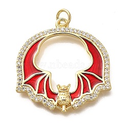 Brass Micro Pave Cubic Zirconia Pendants, with Enamel, Bat Charms, Cadmium Free & Lead Free, Lasting Plated, Real 18K Gold Plated, Red, 27x26x3.5mm, Hole: 3mm(KK-Q043-20G-01)