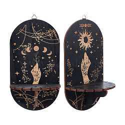 2 Sets 2 Styles Wooden Small Crystal Display Shelf, Witch Hanging Crystal Holder, for Crystal Dowsing Pendulum Pendant Storage, Oval with Moon & Star Pattern, Black, 22.6cm, 1 set/style(ODIS-CP0001-02)