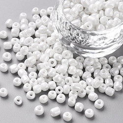 Glass Seed Beads, Opaque Colors Lustered, Round, White, 4mm, Hole: 1.5mm, about 1000pcs/100g(X1-SEED-A012-4mm-121)