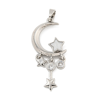 Brass Micro Pave Cubic Zirconia Pendant, with Resin, Star and Moon, Platinum, 34x15x3mm, Hole: 5x3mm