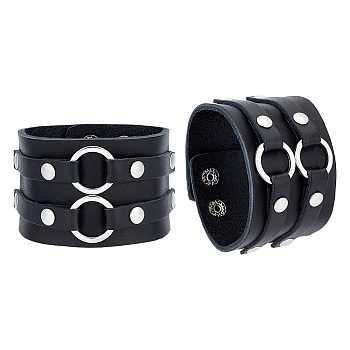 PU Wrap Cord Bracelet, Alloy Double Ring Link Wide Wristband with Iron Clasp for Men Women, Black, 9-1/4 inch(23.6cm)