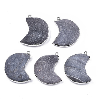 Natural Grey Agate Pendants, with Platinum Brass Edge and Iron Loop, Frosted, Moon, 49x34x12mm, Hole: 2mm
