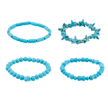 4Pcs 4 Style Synthetic Turquoise Beaded Stretch Bracelets Set, Bamboo & Cuboid & Round & Starfish, Inner Diameter: 1-3/4~2-3/8 inch(4.5~6.1cm), 1Pc/style