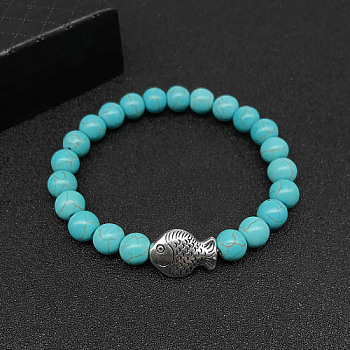 Synthetic Turquoise Stretch Bracelets for Women Men, with Tibetan Style Animals Alloy Beads, Fish, No Size