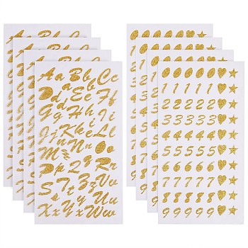 8 Sheets Letter, Number and Heart & Star Glitter Paper Stickers, with PVC Cover, Gold, 4sheets/style