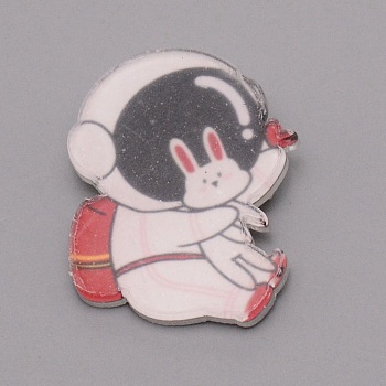 Astronaut with Rabbit Brooch Pin, Cartoon Acrylic Lapel Pin for Clothes DIY Craft, White, Red, 36x29x9mm