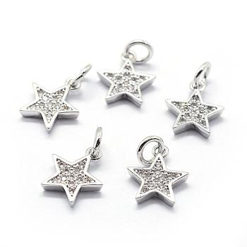 Brass Micro Pave Cubic Zirconia Charms, Star, Platinum, 11.5x10x2mm, Hole: 3mm