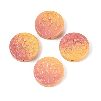 Two Tone Color Baking Paint Opaque Glass Beads, Flat Round with Flower Pattern, Gold, 20x6~6.5mm, Hole: 1.4~1.6mm