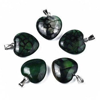 Natural Dragon Veins Agate Pendants, with Stainless Steel Snap On Bails, Heart, Stainless Steel Color, Green, 22~23x19~20x5~6mm, Hole: 3x5mm