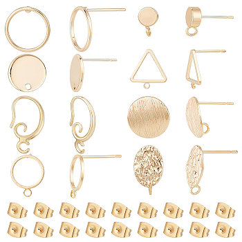 DIY Earring Making Finding Kit, Inlcuding Triangle & Flat Round & Oval Brass Stud Earring Findings & Earring Hooks & Ear Nuts, Real 18K Gold Plated, 36Pcs/box
