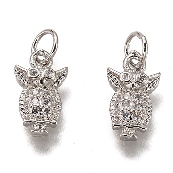 Brass Micro Pave Clear Cubic Zirconia Charms, Cadmium Free & Lead Free, Long-Lasting Plated, Owl Shape, Platinum, 13x7x2.5mm, Hole: 3mm