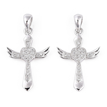 Rhodium Plated 925 Sterling Silver Micro Pave Clear Cubic Zirconia Pendants, Heart Wings Magic Wand Charms wit 925 Stamp, Real Platinum Plated, 24.5x15.5x2.5mm, Hole: 3.5x4mm