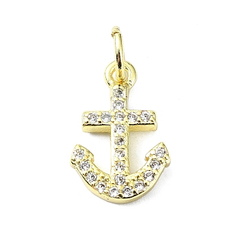 Brass Micro Pave Cubic Zirconia Pendants, with Jump Ring, Real 18K Gold Plated, Anchor Charm, Clear, 14x9x1.5mm, Hole: 3mm