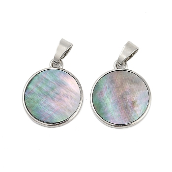 Natural Paua Shell Pendants, Brass Charms, Platinum, Flat Round, 20.5x17.5x2.2mm, Hole: 4x6mm